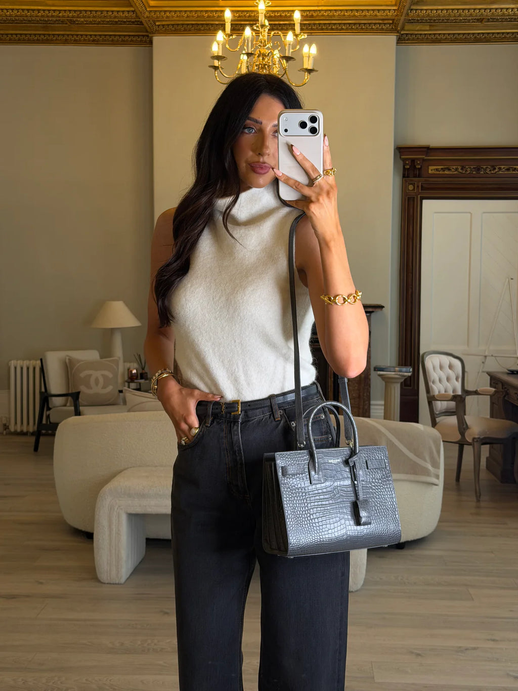 SAINT LAURENT SMALL SAC DE JOUR IN GREY CROC EMBOSSED LEATHER WITH SILVER HARDWARE