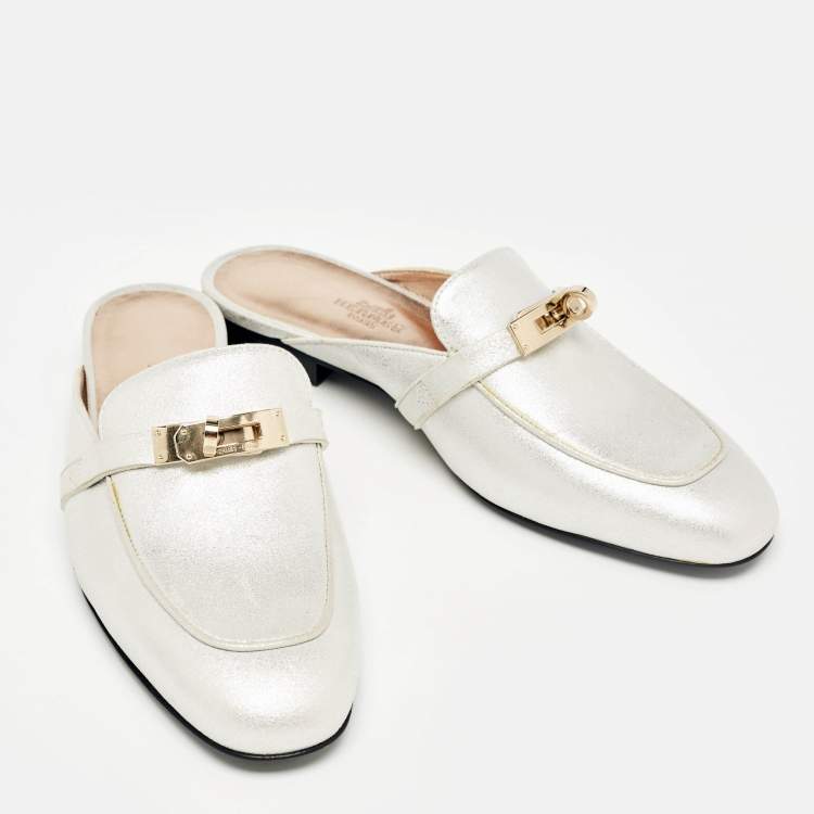 Hermes Silver Textured Suede Oz Flat Mules Size 36.5