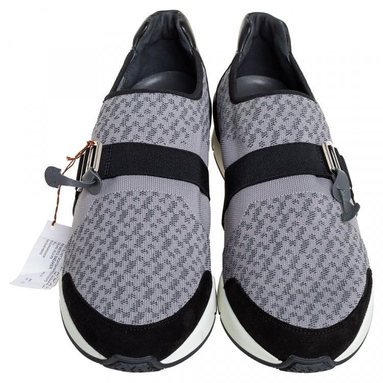 Hermes Grey/Black Knit Fabric And Leather Buckle Run Sneakers Size 43.5