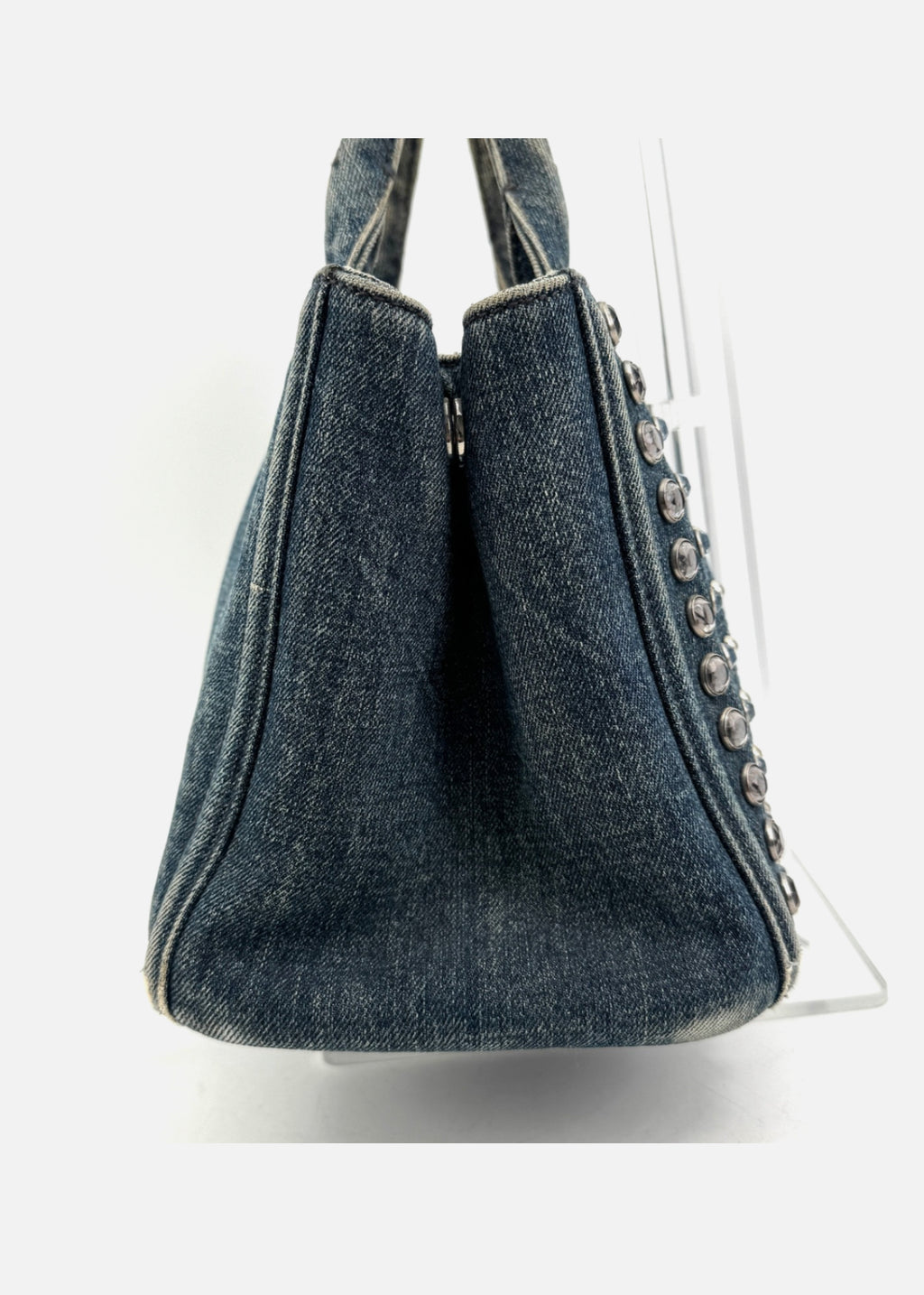 PRADA Canapa Tote Bag Bijoux Rhinestones Studs Denim Blue Bag