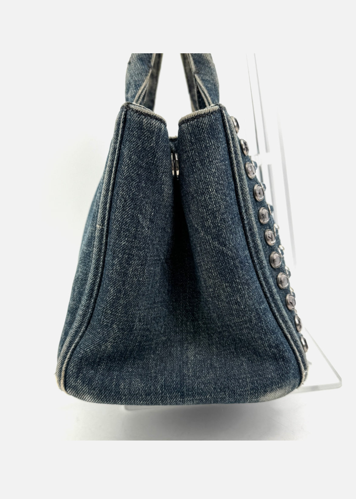 PRADA Canapa Tote Bag Bijoux Rhinestones Studs Denim Blue Bag
