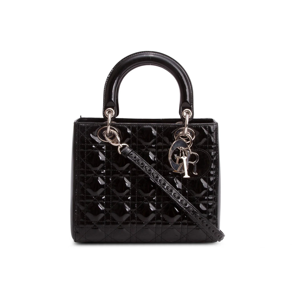 Christian Dior Black Cannage Patent Leather Medium Lady Dior Bag