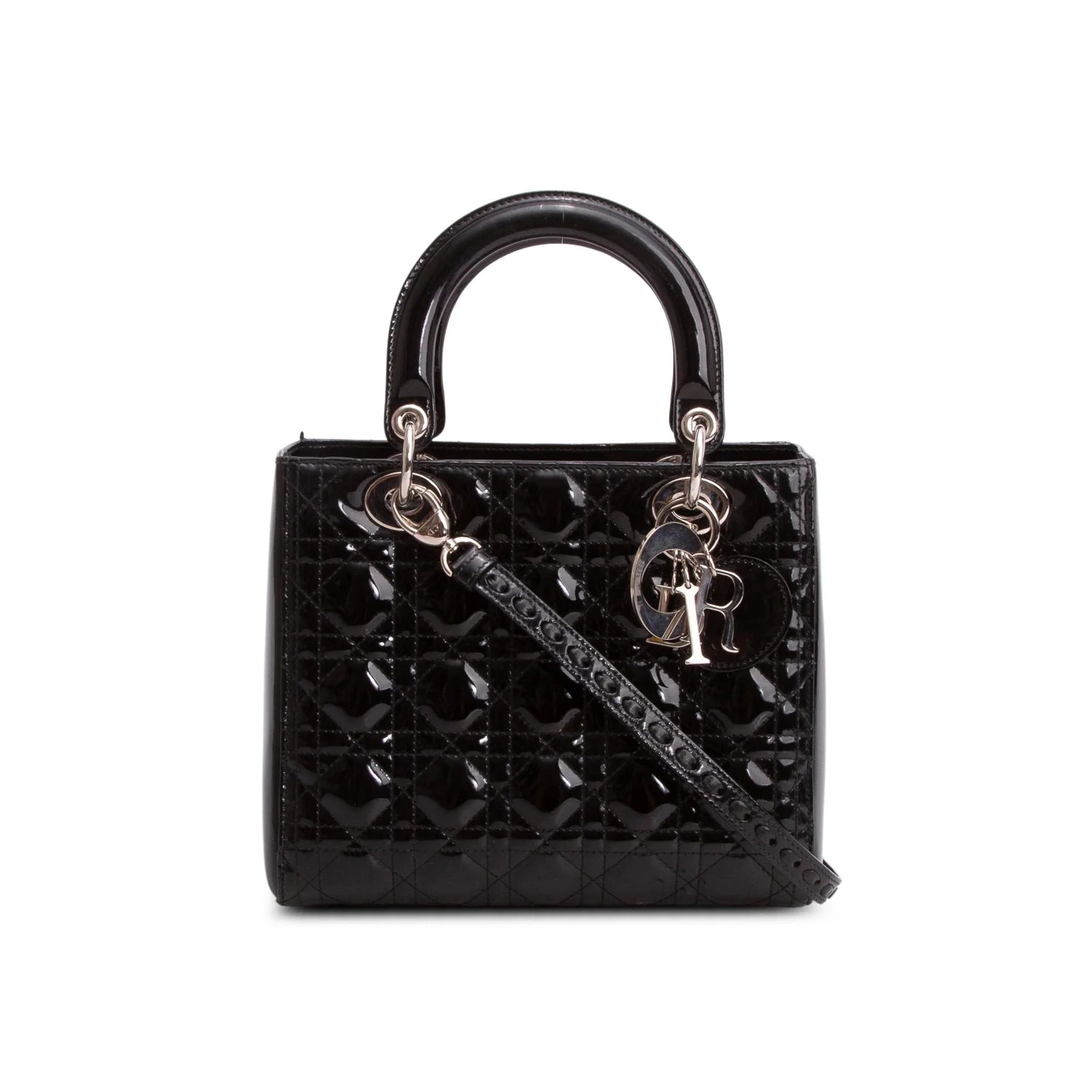 Christian Dior Black Cannage Patent Leather Medium Lady Dior Bag