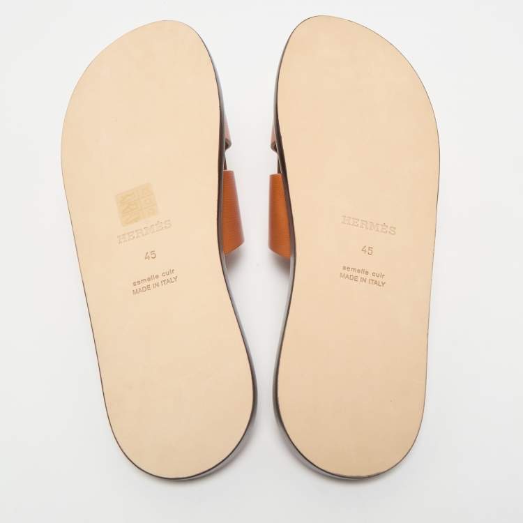 Hermès Orange Leather Izmir Flat Slides Size 45