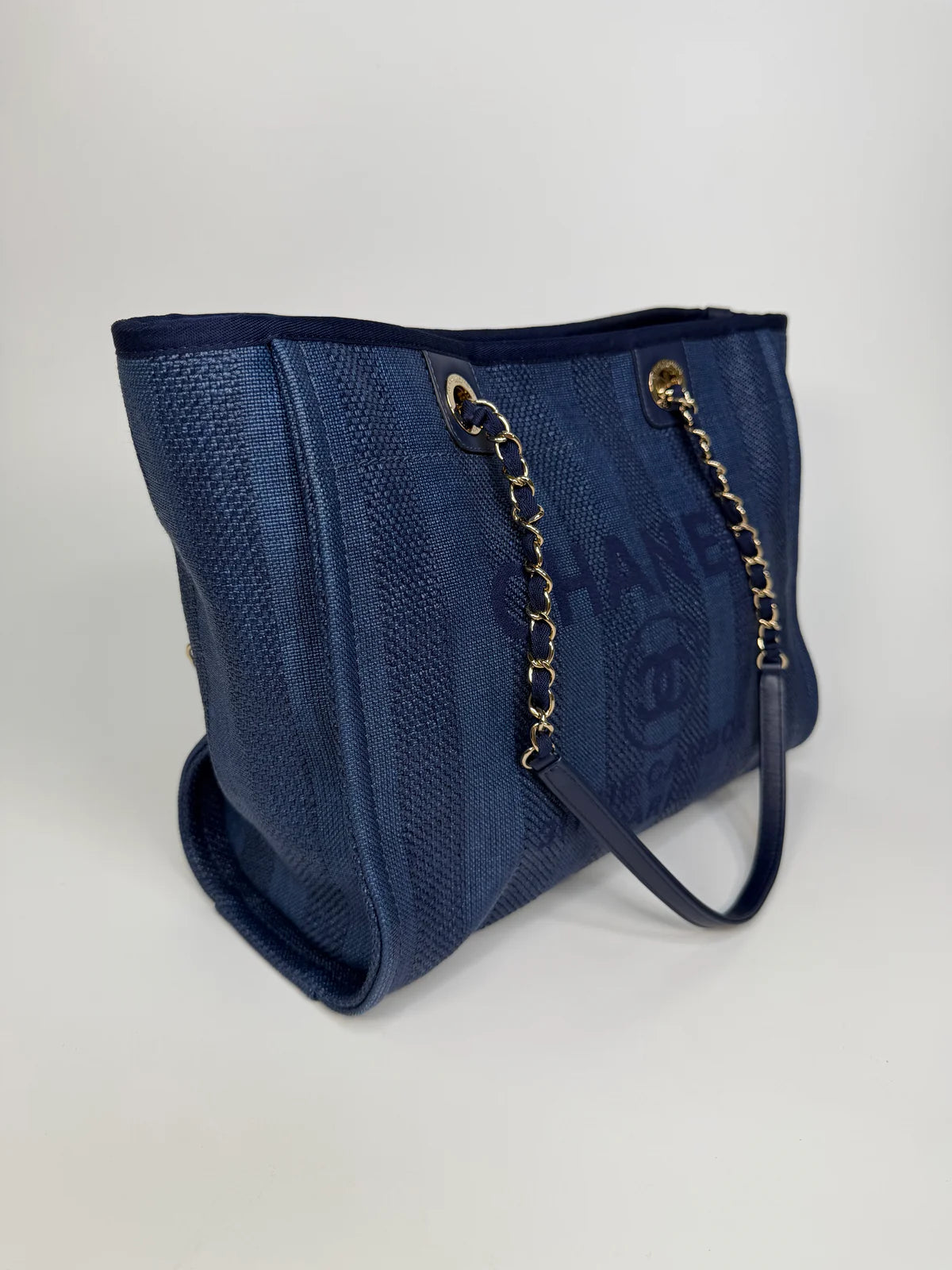 CHANEL SMALL DEAUVILLE TOTE BAG IN DARK BLUE WITH PALE GOLD HARDWARE