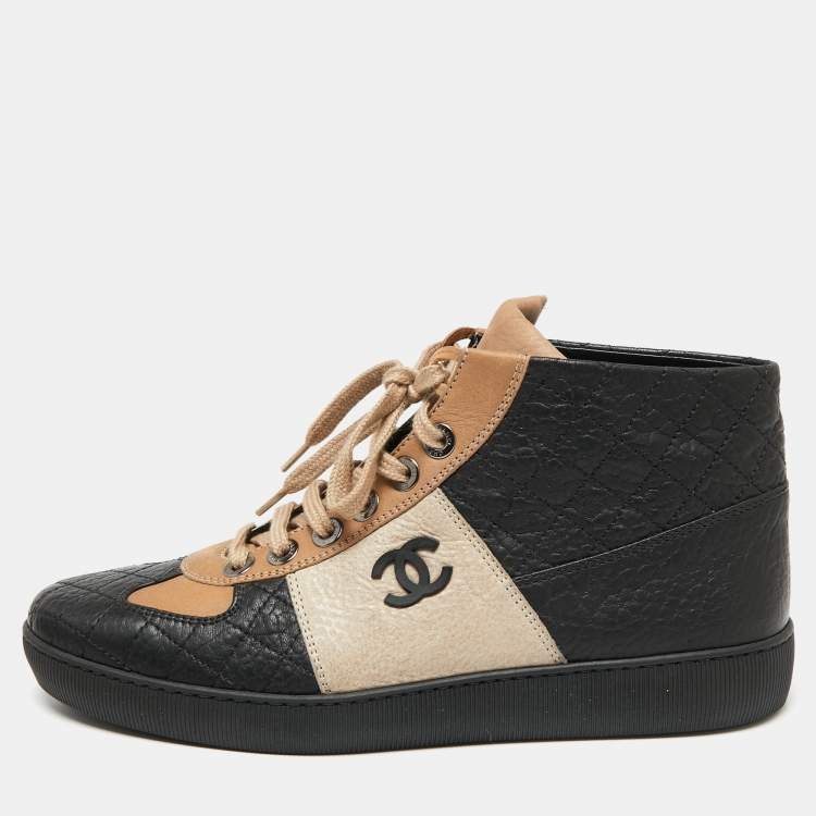 Chanel Black/Beige Leather And Nubuck CC High Top Sneakers Size 40