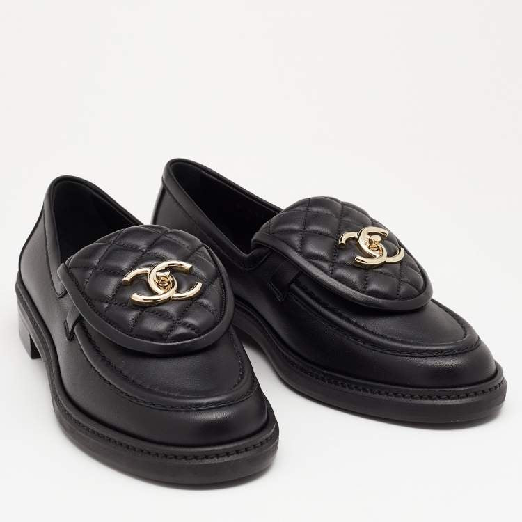 Chanel Black Quilted Leather CC Turnlock Loafers Size 37