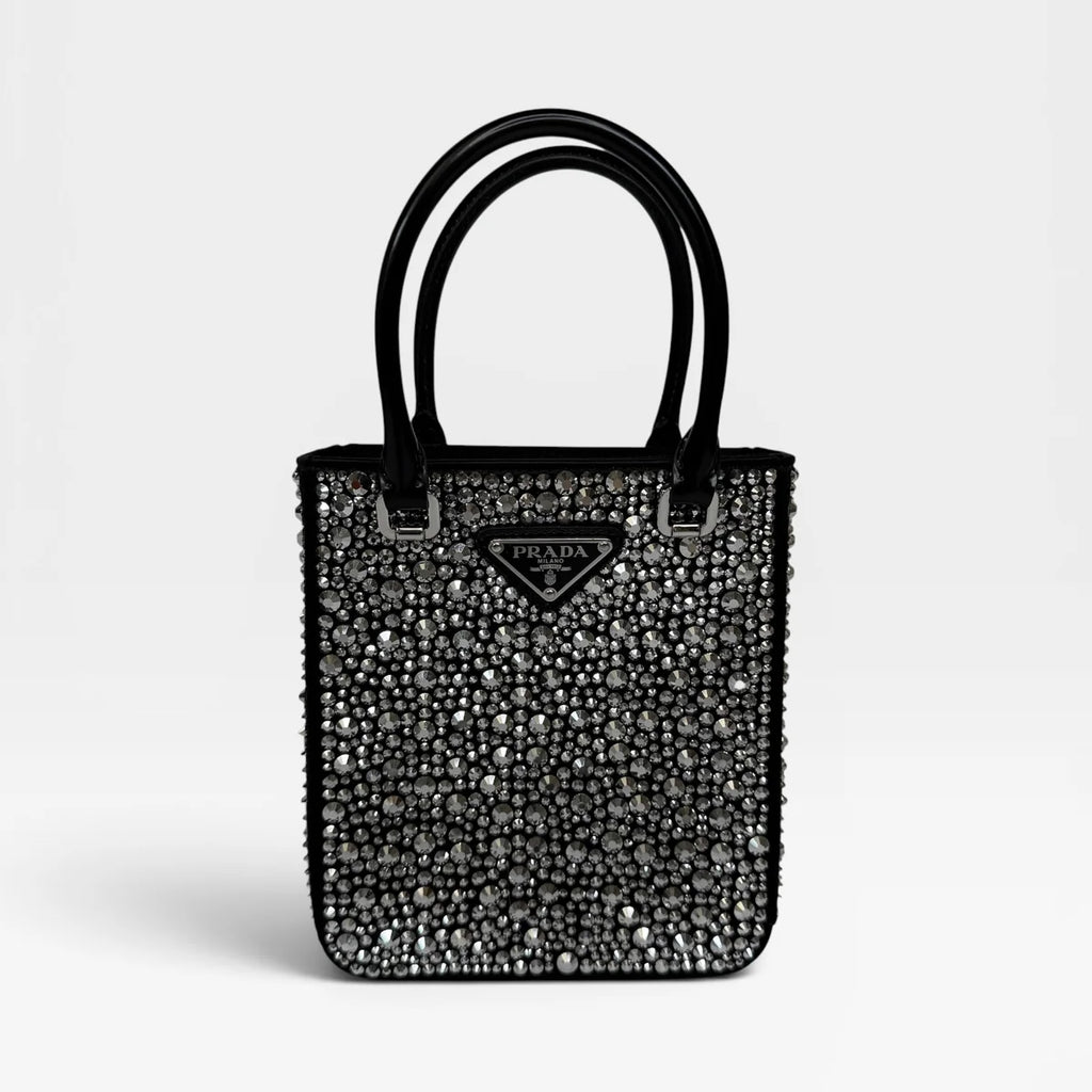 PRADA METAL PANIER SMALL BLACK SATIN CRYSTAL TOTE