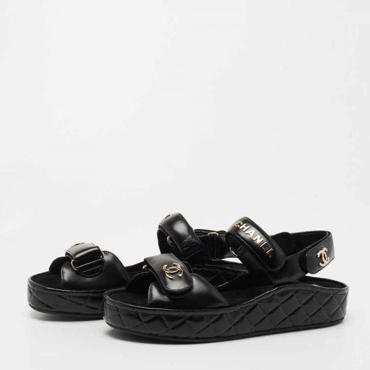 Chanel Black Leather CC Dad Flat Sandals Size 39