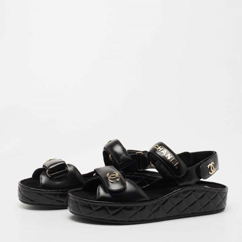 Chanel Black Leather CC Dad Flat Sandals Size 39