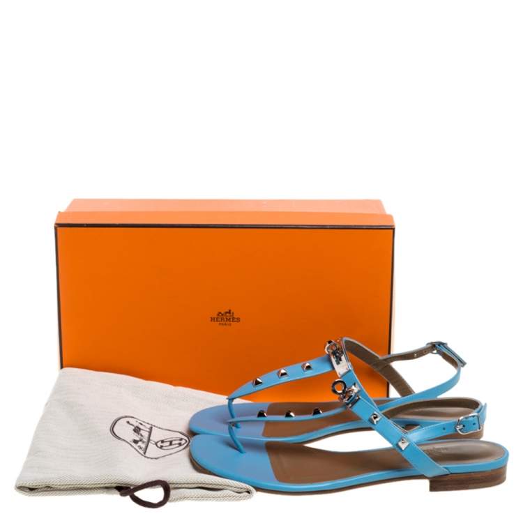 Hermes Blue Leather Olivia Ankle Strap Sandals Size 37.5