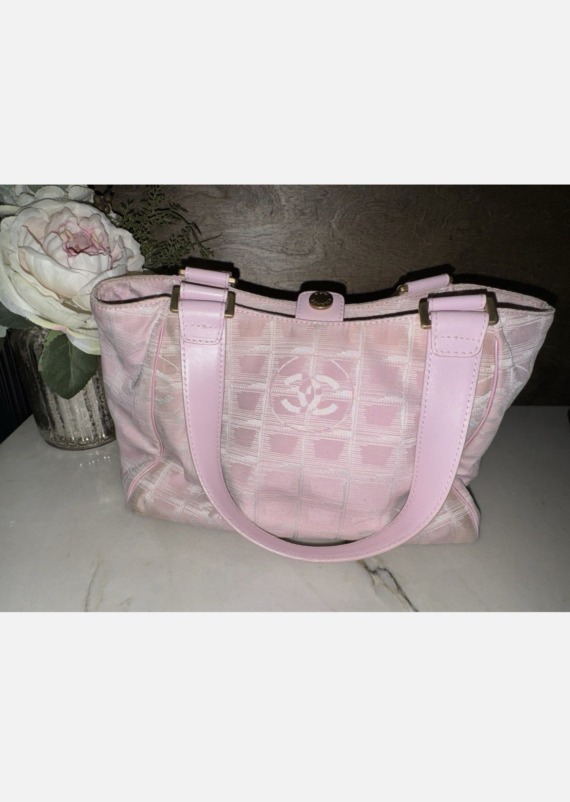 CHANEL Pink New Travel Line Jacquard CC Tote Bag