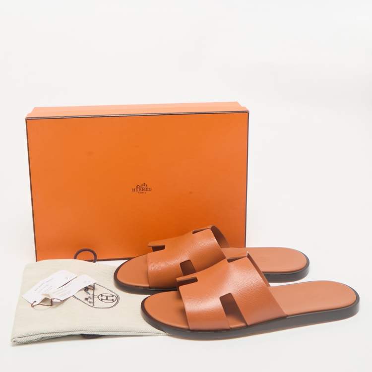 Hermès Orange Leather Izmir Flat Slides Size 45