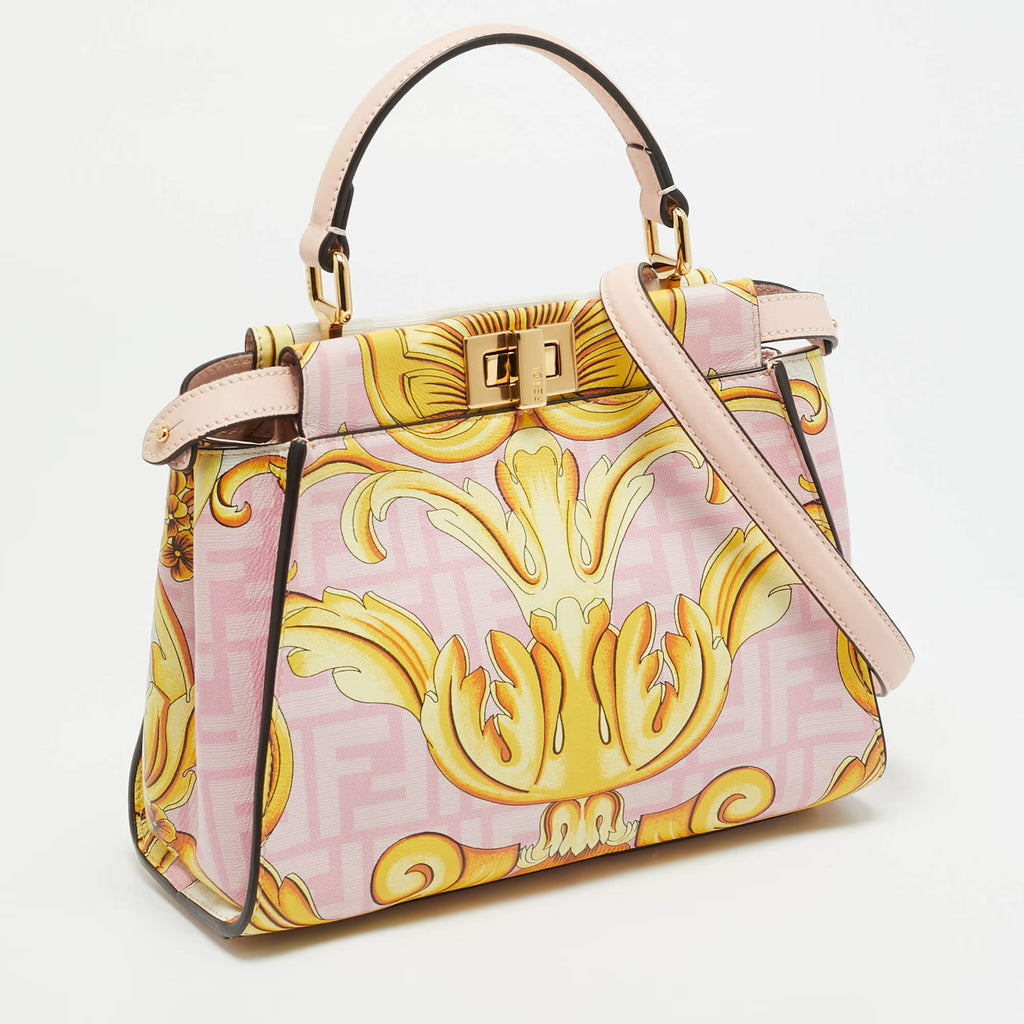 Fendi x Versace Fendace Peekaboo Mini Pink/Yellow Zucca Baroque Print Leather Top Handle Bag
