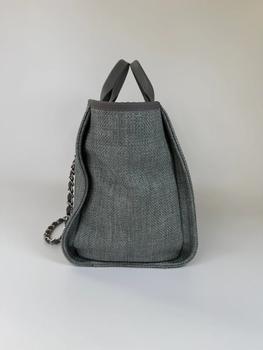 CHANEL MEDIUM DEAUVILLE TOTE BAG IN DENIM BLUE WITH SILVER HARDWARE