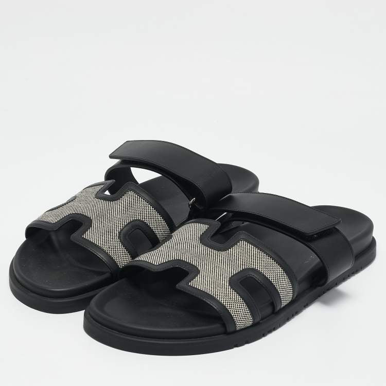 Hermes Black/White Leather and Canvas H Maxi Chypre Flat Sandals Size 45.5