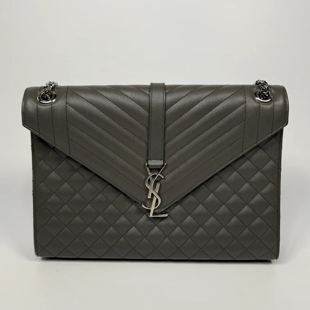 SAINT LAURENT LARGE GREY GRAINED LEATHER ENVELOPE SHOULDER BAG