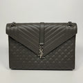 SAINT LAURENT LARGE GREY GRAINED LEATHER ENVELOPE SHOULDER BAG