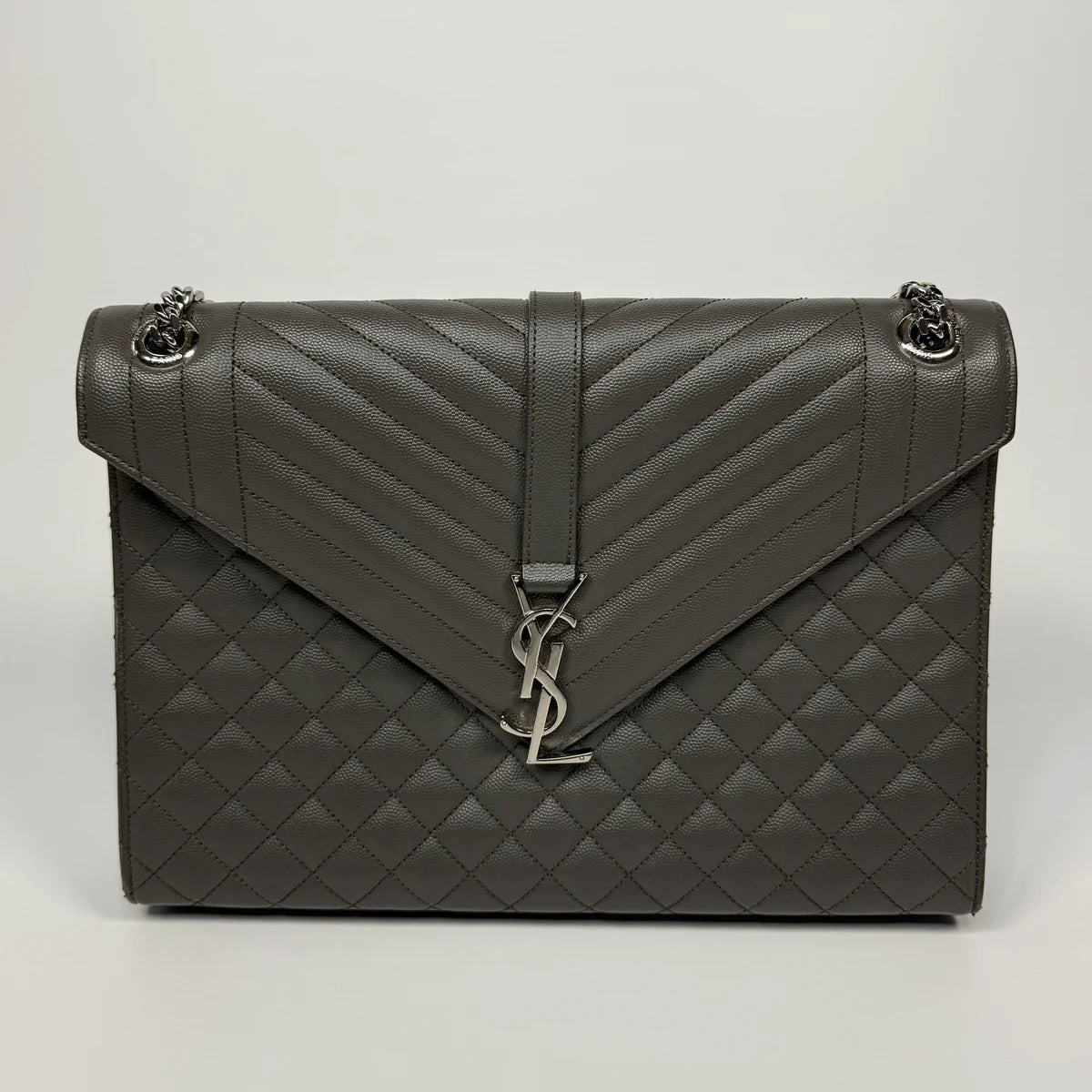 SAINT LAURENT LARGE GREY GRAINED LEATHER ENVELOPE SHOULDER BAG