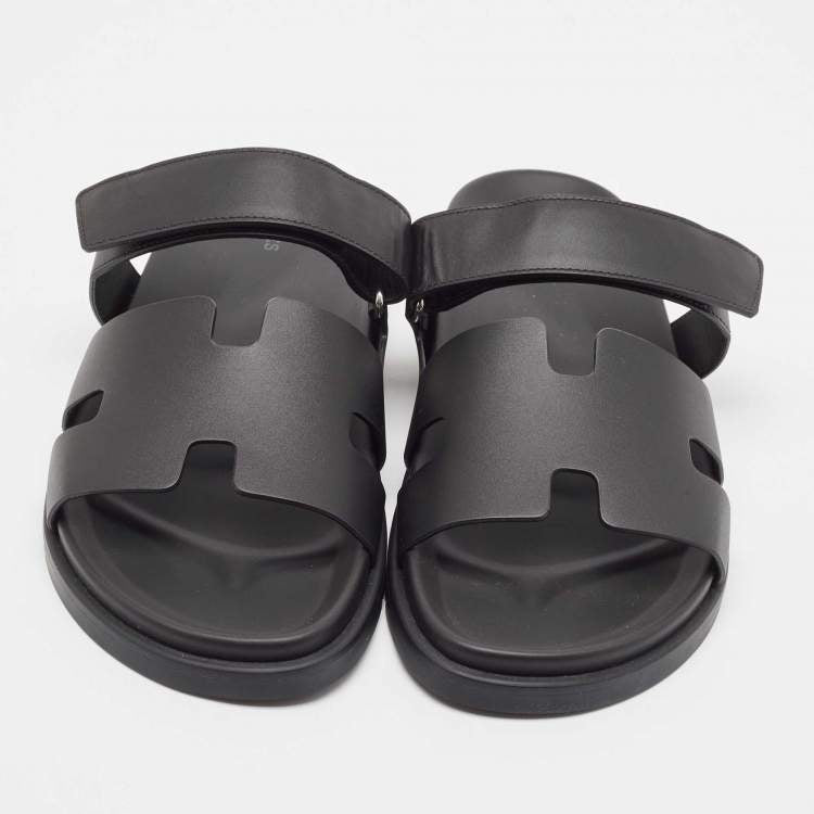 Hermes Black Leather Chypre Sandals Size 45.5