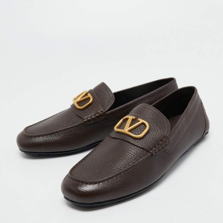 Valentino Dark Brown Leather VLogo Signature Loafers Size 44