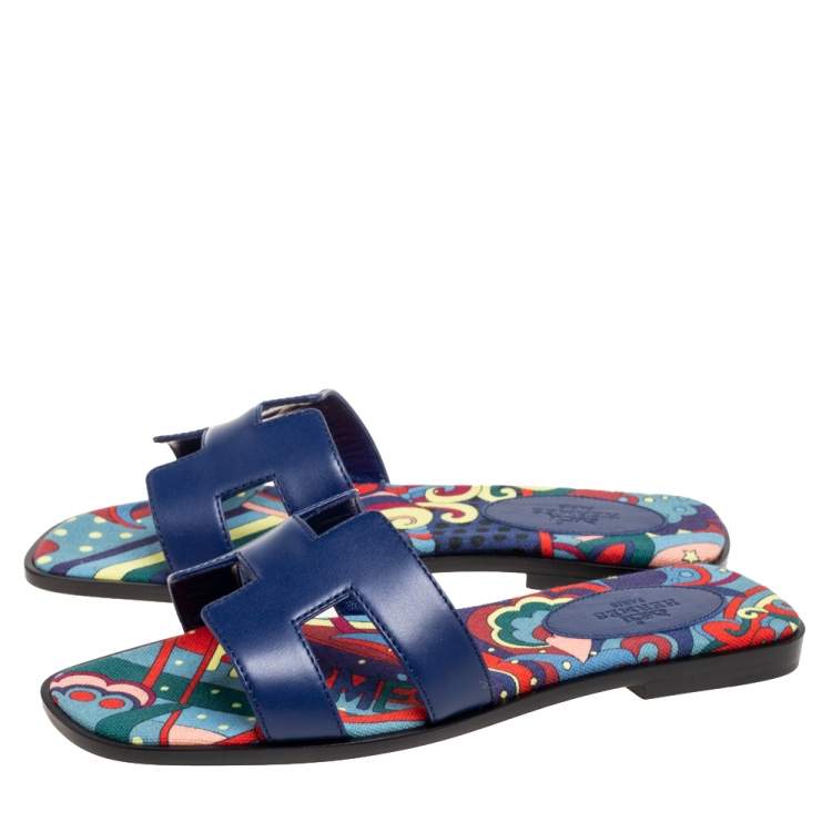 Hermes Navy Blue Leather Oran Flat Slide Sandals Size 36