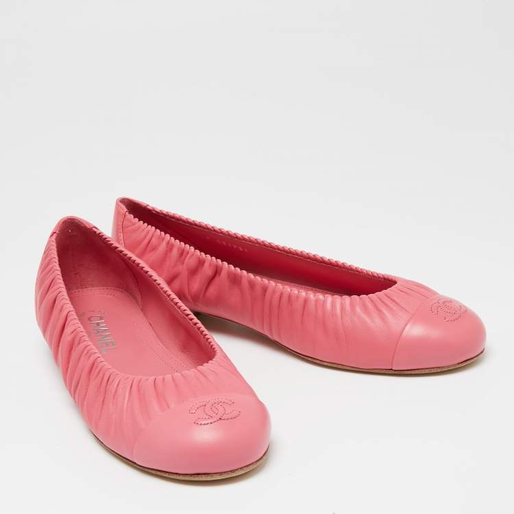Chanel Pink Leather Gathered CC Cap Toe Ballet Flats Size 41