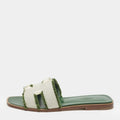 Hermes Beige/Green Fringe Canvas Oran Flat Slide Sandals Size 37