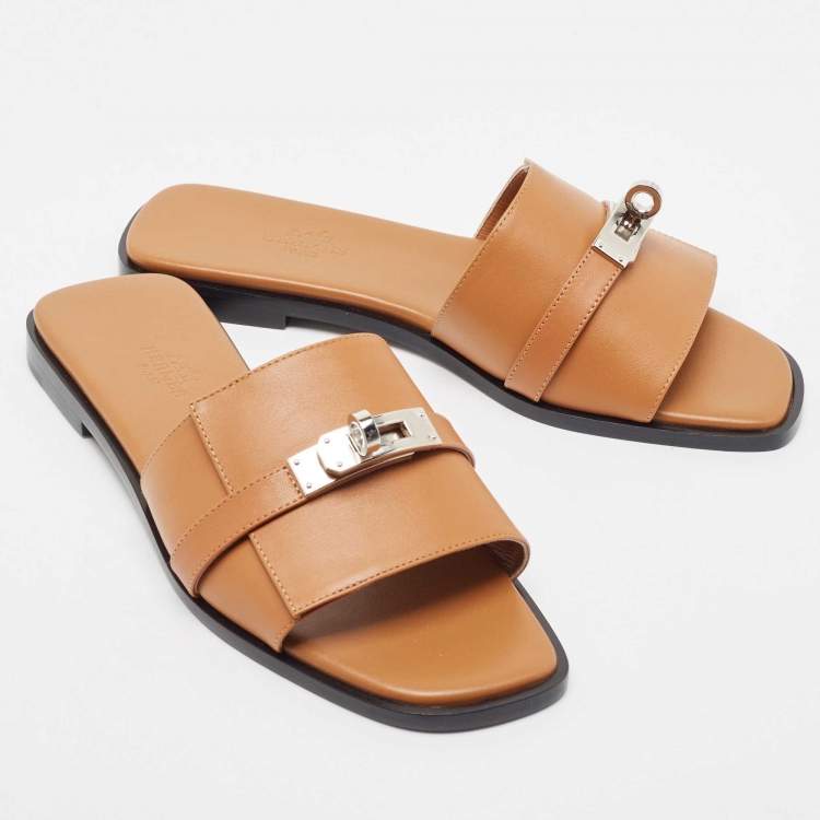 Hermes Tan Leather Giulia Flat Sandal Size 36