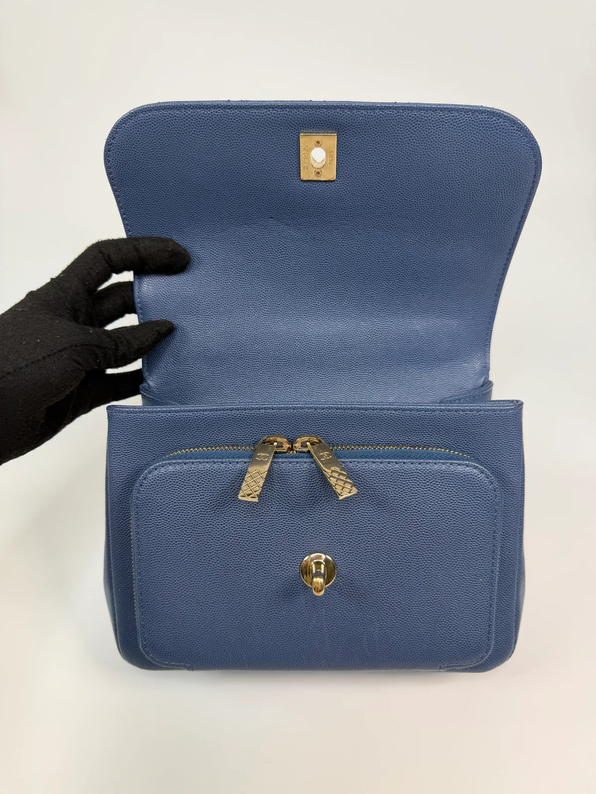 CHANEL MEDIUM BUSINESS AFFINITY BAG IN BLUE CAVIAR WITH GOLD HARDWARE