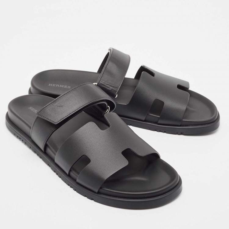 Hermes Black Leather Chypre Sandals Size 45.5
