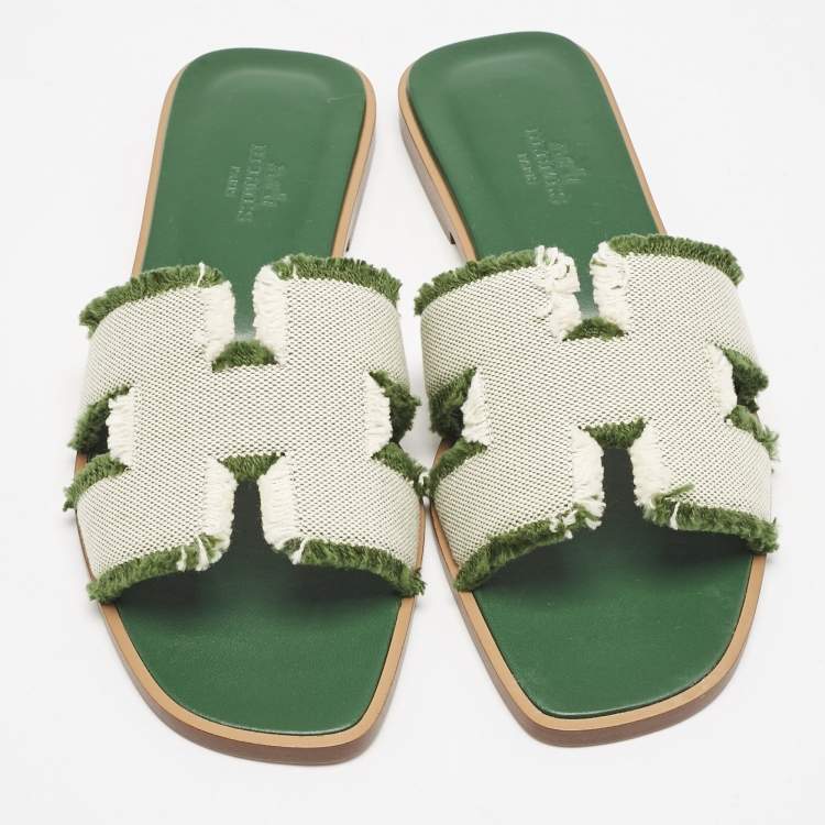 Hermes Beige/Green Fringe Canvas Oran Flat Slide Sandals Size 37