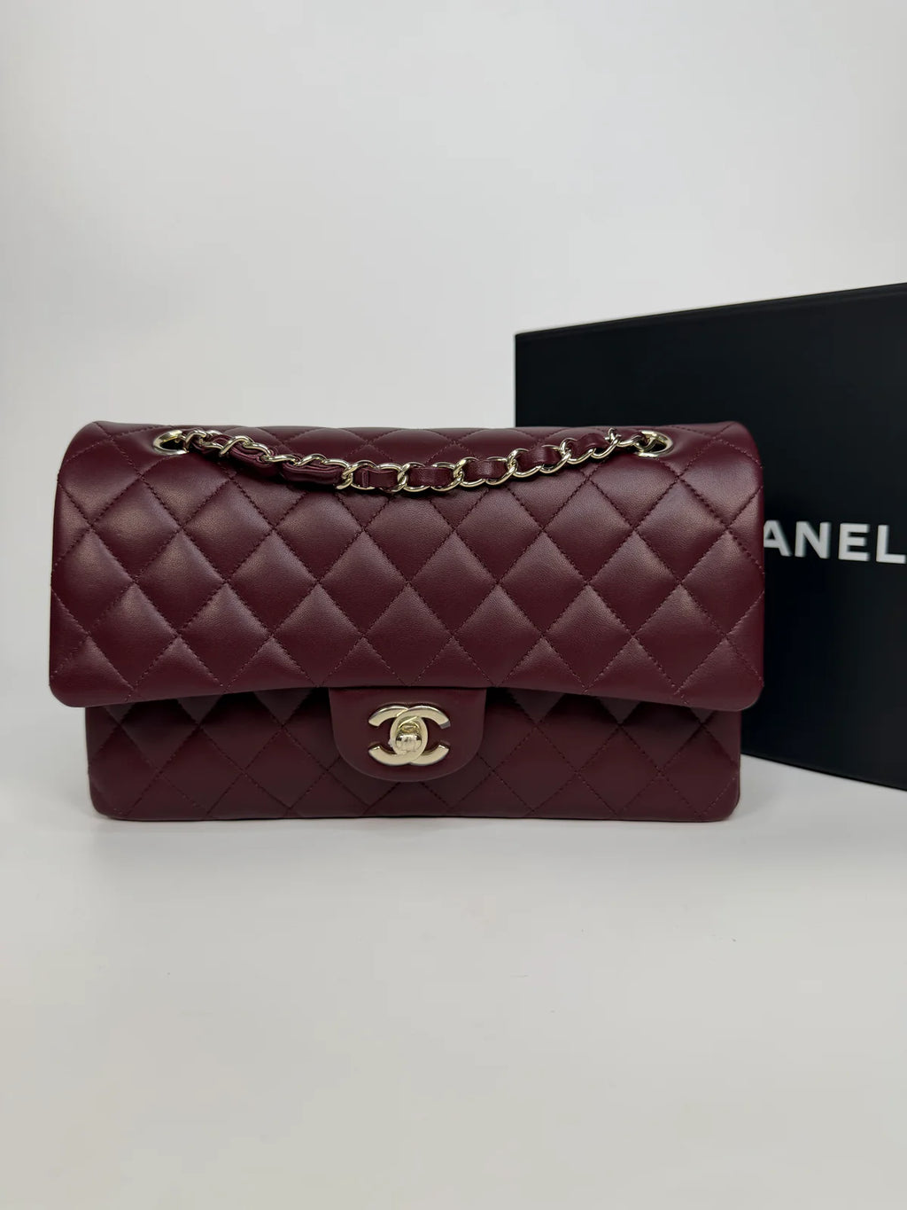 CHANEL MEDIUM CLASSIC DOUBLE FLAP BURGUNDY LAMBSKIN LEATHER WITH PALE GOLD HARDWARE
