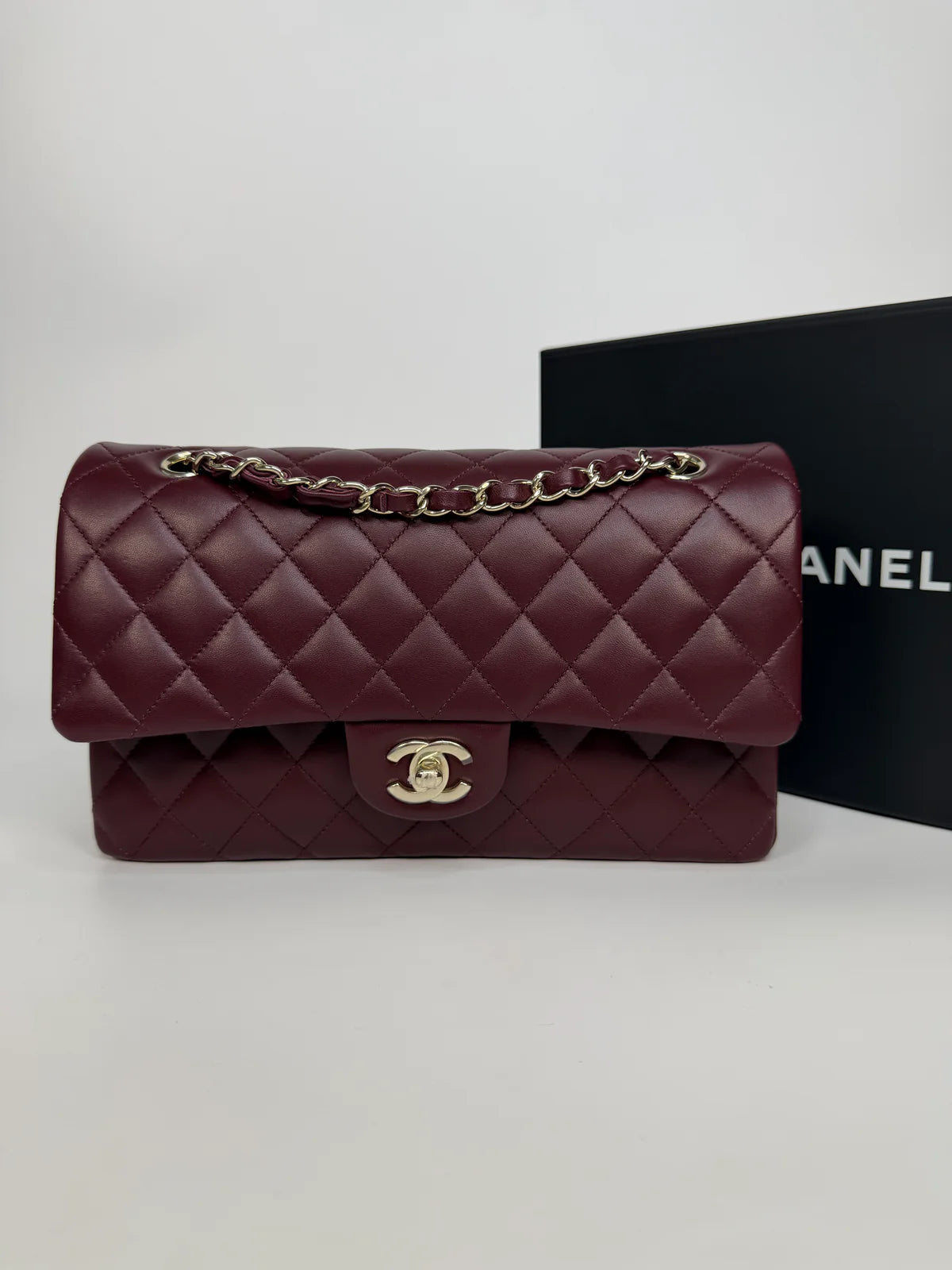 CHANEL MEDIUM CLASSIC DOUBLE FLAP BURGUNDY LAMBSKIN LEATHER WITH PALE GOLD HARDWARE
