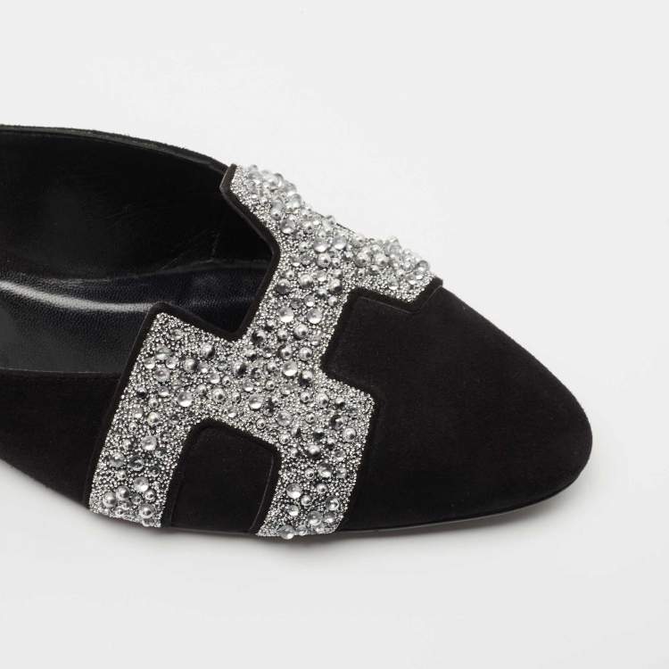 Hermes Black Suede Studded Roxane Mule Size 37