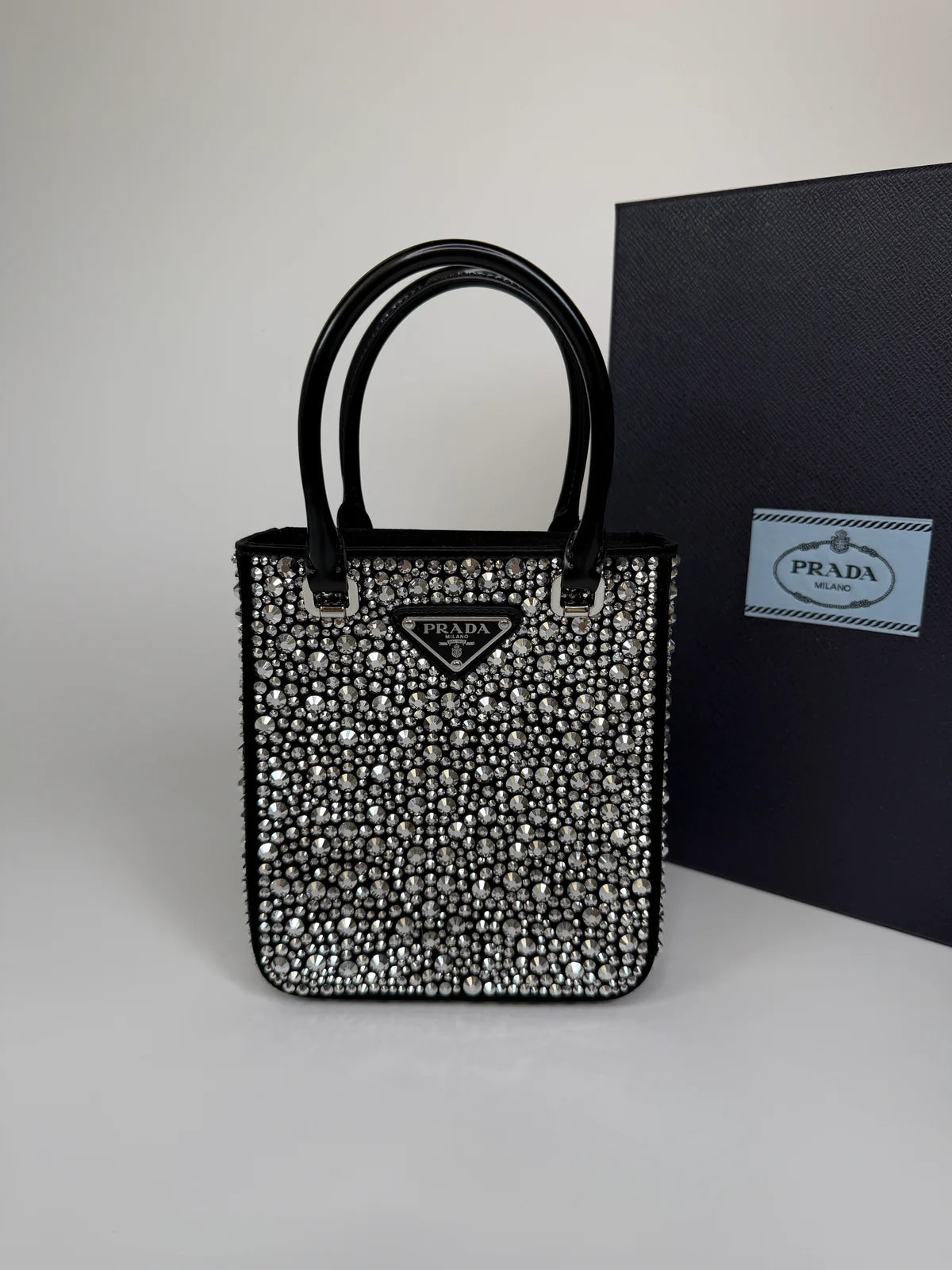 PRADA METAL PANIER SMALL BLACK SATIN CRYSTAL TOTE