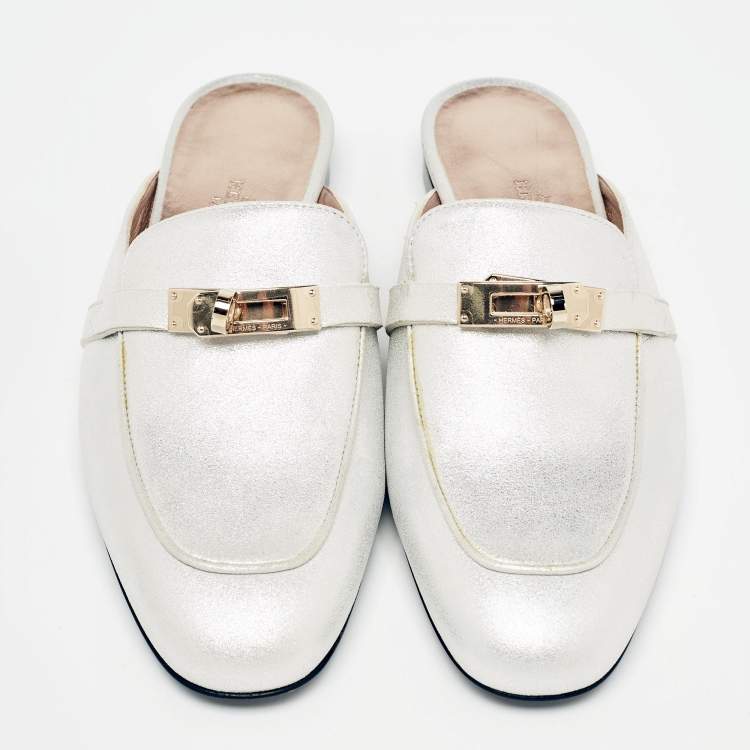 Hermes Silver Textured Suede Oz Flat Mules Size 36.5