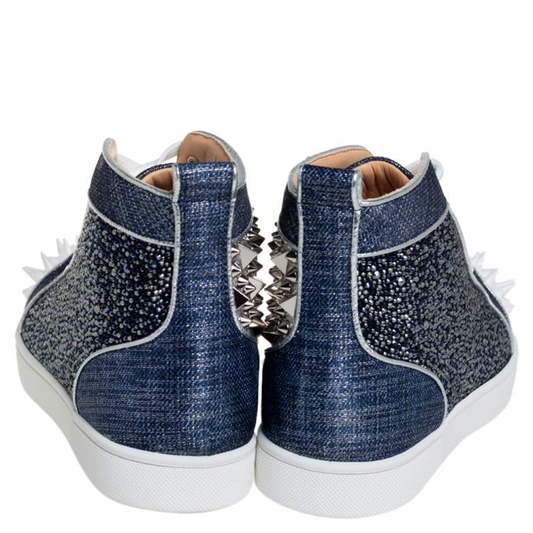 Christian Louboutin Denim Blue Silver White Lou Degra Spikes Studded High Top Sneakers Size 40