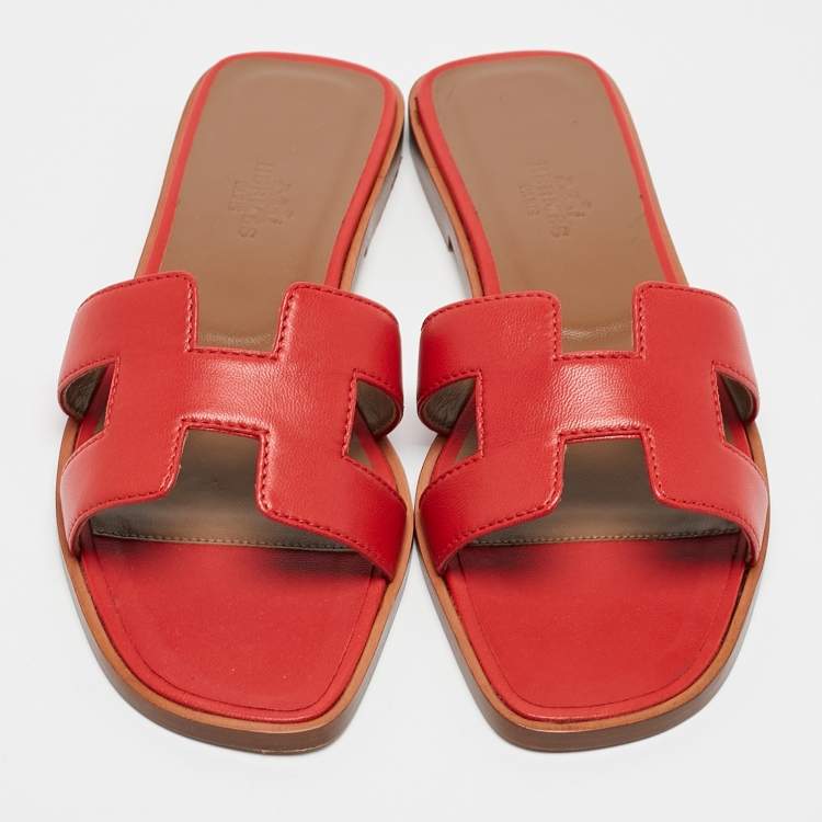 Hermes Red Leather Oran Slide Sandals Size 36.5