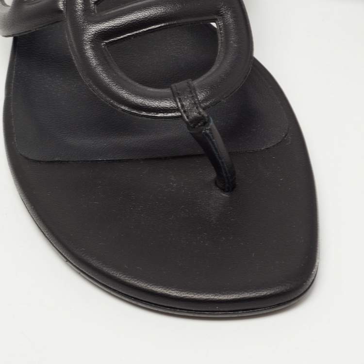 Hermes Black Leather Beach Flat Slides Size 37