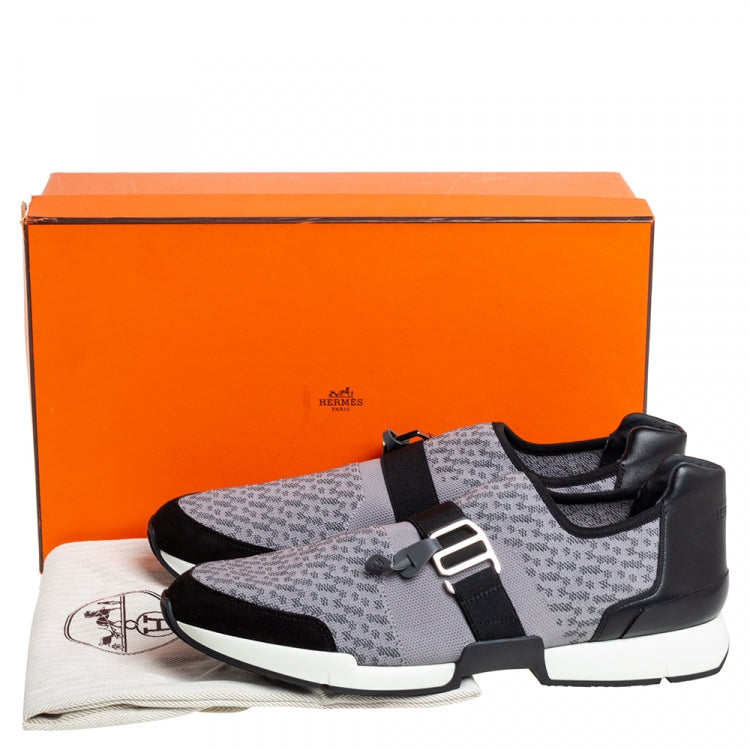 Hermes Grey/Black Knit Fabric And Leather Buckle Run Sneakers Size 43.5