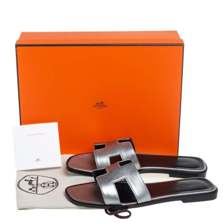 Hermes Silver Leather Oran Flat Slides Size 38