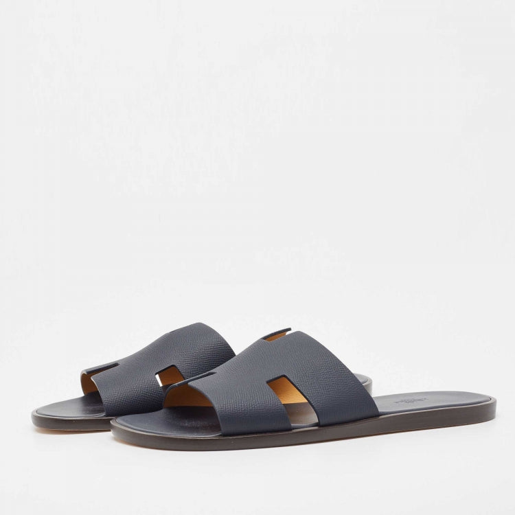 Hermès Navy Blue Leather Izmir Flat Slides Size 45