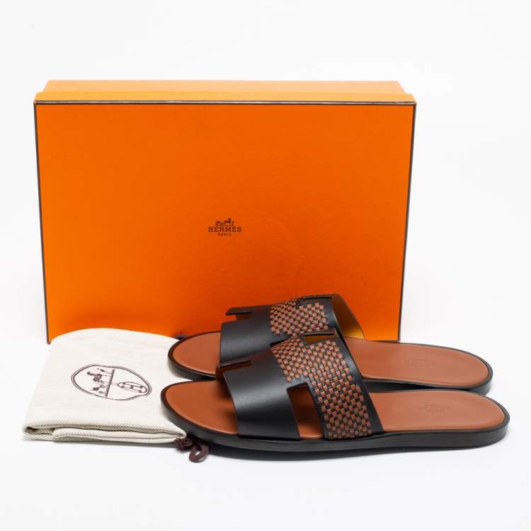 Hermes Black/Brown Leather Izmir Flat Sandals Size 44