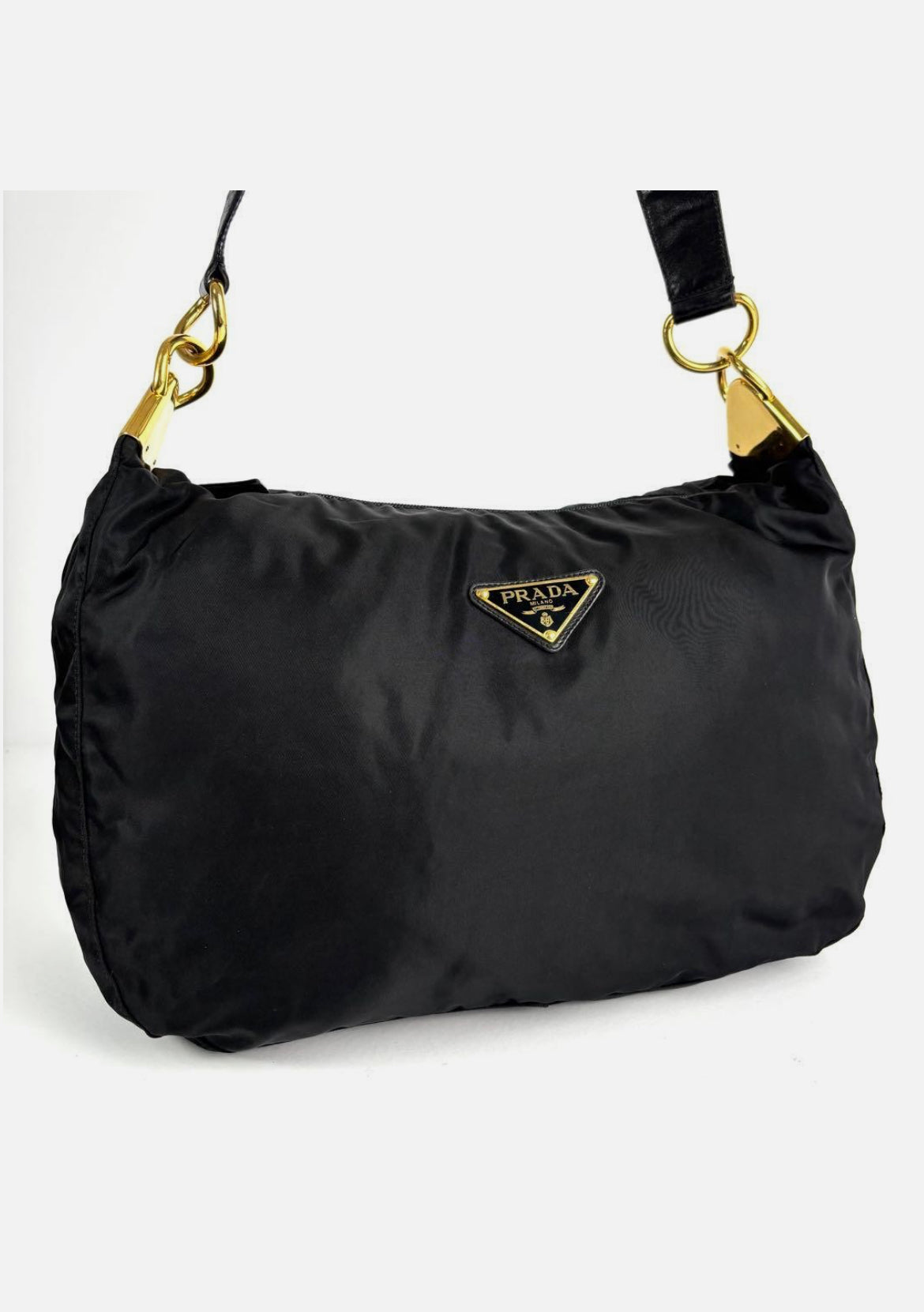 Prada Triangle Hobo Shoulder Bag Nylon Leather Black