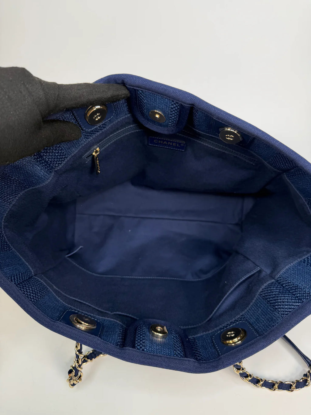 CHANEL SMALL DEAUVILLE TOTE BAG IN DARK BLUE WITH PALE GOLD HARDWARE