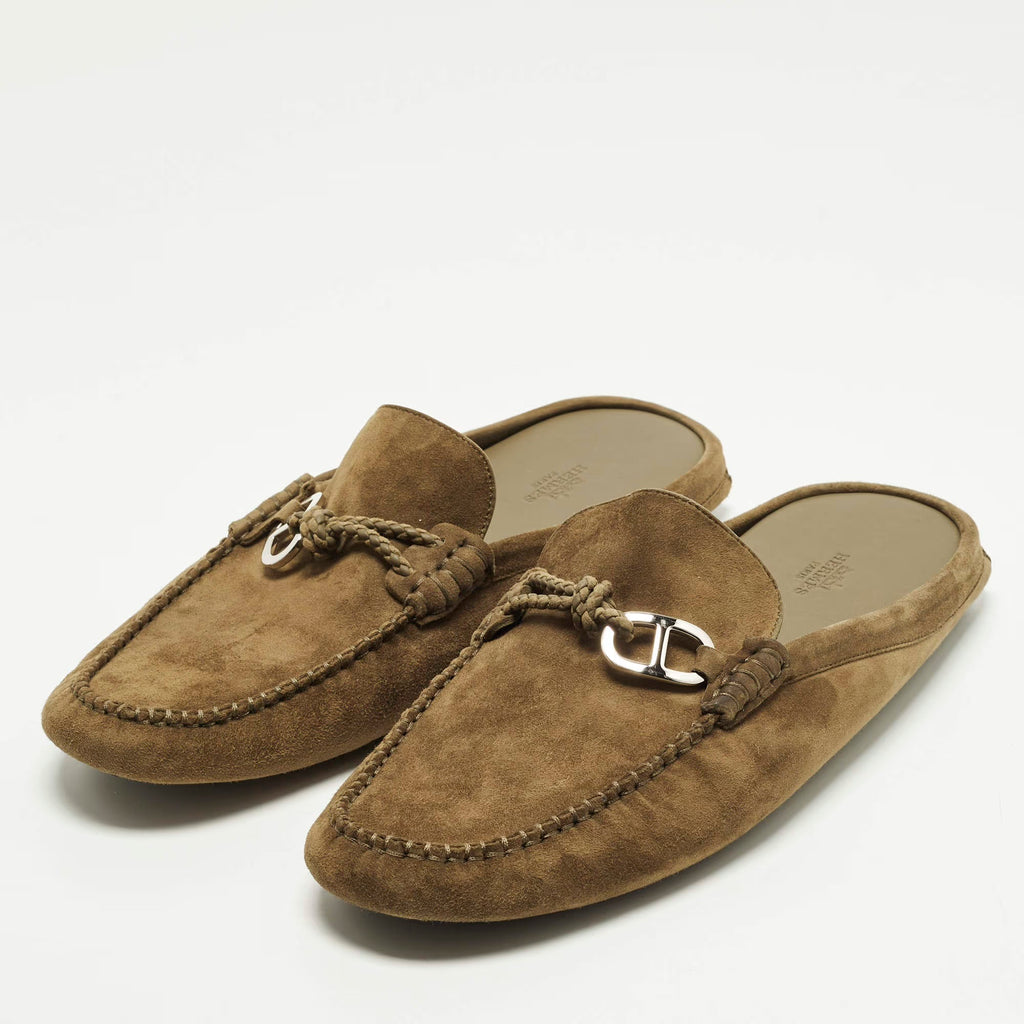 Hermes Icaro Size 43 Olive Green Suede Flat Mules