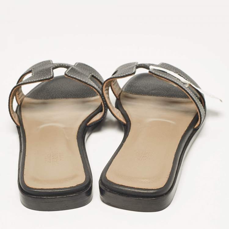 Hermes Black Leather Oran Flat Slide Sandals Size 36