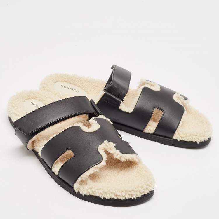 Hermes Black Leather and Shearling Fur Lined Chypre Sandals Size 45.5