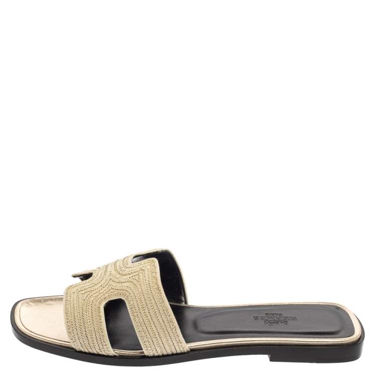 Hermes Metallic Pale Gold Twisted Metal Thread Oran Sandals Size 37